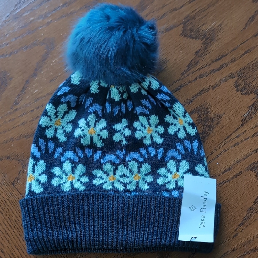Vera Bradley Kids Blue Floral Knit Hat with Pom-Pom
